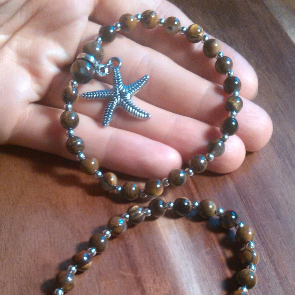 Set of Two Yellow Tiger's Eye Starfish Design Stretch Bracelets